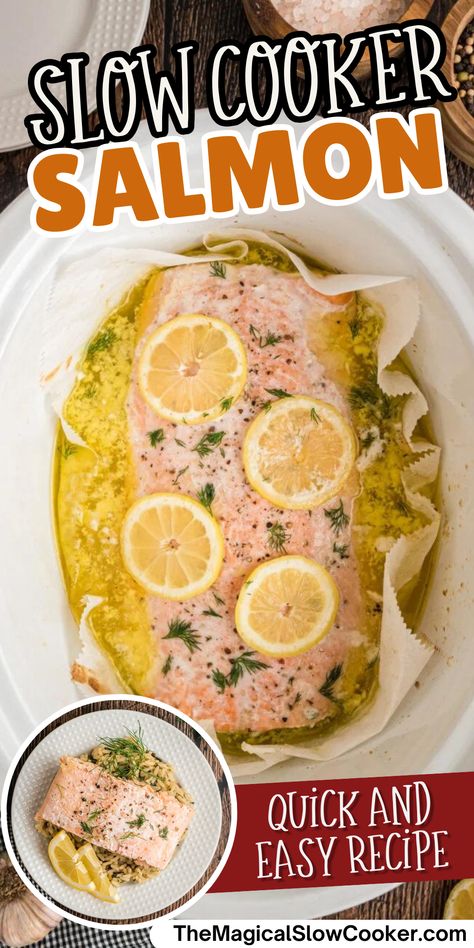 This Slow Cooker Salmon recipe is made with a nice-sized filet, a few popular seasonings, and several lemon slices for a dish that is sure to be loved by the entire family. It can easily be paired with a variety of sides for a quick and easy complete dinner. - The Magical Slow Cooker Fish Recipes In Crockpot, Slow Cooker Halibut Recipes, Salmon In The Crockpot, Salmon Crock Pot Recipes, Crockpot Recipes Salmon, Salmon In Crockpot, Fish Crockpot Recipes, Crockpot Salmon Recipes, Salmon Crockpot Recipes