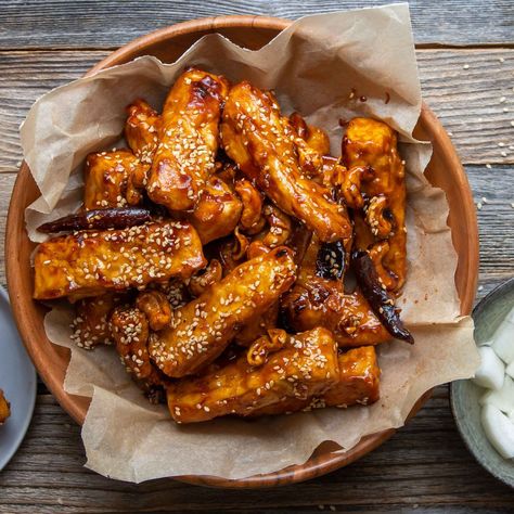 Battered Tofu, Frozen Tofu, Tofu Baked, Prepare Tofu, Air Fried Tofu, Korean Radish, Tofu Katsu, Glazed Tofu, Korean Fried Chicken Recipe