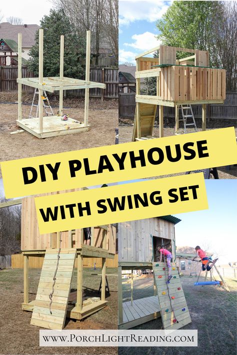 Materails list plus the tools we used to complete our DIY swing set and playhouse. With balcony, rock wall and more! #backyard #swingset #outdoorproject #playhouse Diy Swing Set With Slide, Diy Playset Outdoor, Diy Swingset, Bedroom Decor Gray, Diy Playset, Diy Swing Set, Playhouse Diy, Swing Set Plans, Modern Playhouse