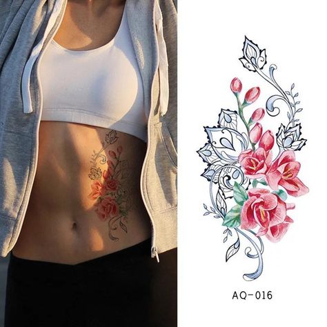 Large Floral Temporary Tattoo / Floral Tattoo / Red Flower | Etsy Tattoo Red Flower, Side Tats, Pink Flower Tattoos, White Flower Tattoos, Abdomen Tattoo, Red Flower Tattoos, Tattoo Large, Chanbaek Fanart, Camera Tattoos