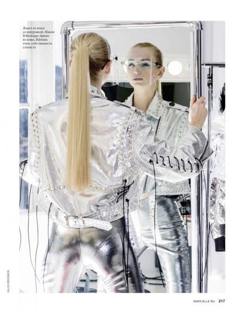 Diana Farkhullina | Futuristic Metallic Fashion Editorial | ELLE Russia Futuristic Photoshoot, Model Citizen, Editorial Hair, Editorial Shoot, Metal Fashion, Futuristic Fashion, Beauty Magazine, Future Fashion, Beauty Editorial