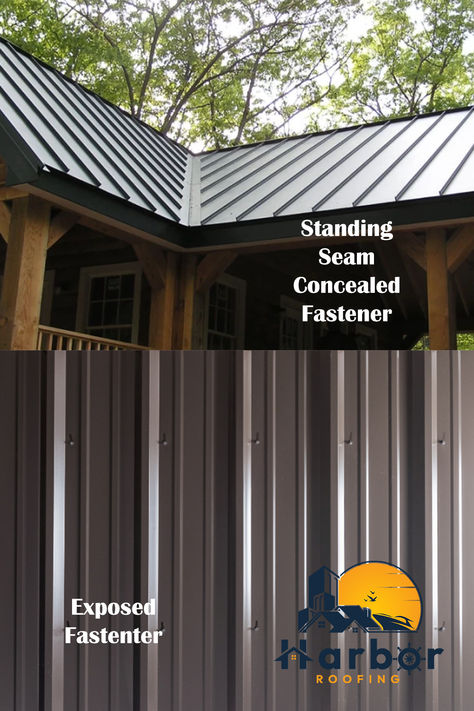 Almost any building style can benefit from either an exposed fastener metal roofing roof or a standing seam metal roofing. Still, before making a purchase, you must understand the pros and cons of each option. Although both systems ultimately serve the same purpose of covering and protecting a building, they differ significantly in advantages and disadvantages. Metal Roof Over Shingles, Metal Roof Panels, Roll Roofing, Standing Seam Roof, Metal Roofs, Standing Seam Metal Roof, Tiny Cottage, Metal Roofing, Standing Seam