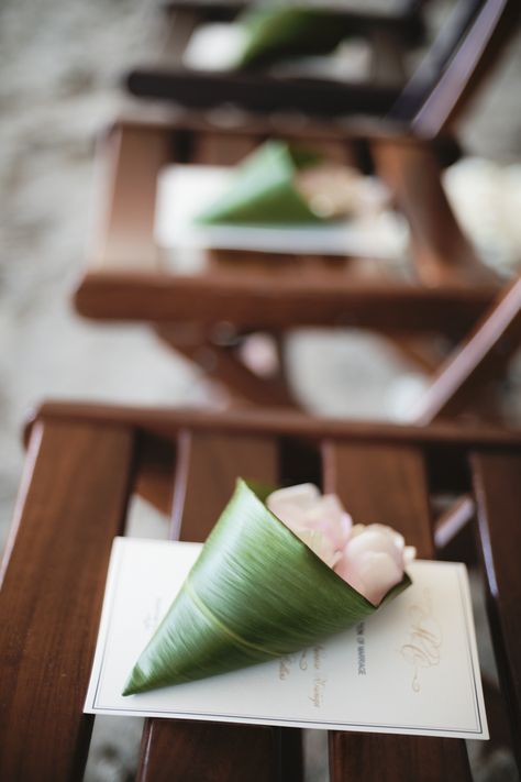 Green leaf cones holder with white rose petals for congratulating the newly weds after ceremony South Indian Decor, Costa Rica Beach Wedding, Papagayo Costa Rica, White Rose Petals, Flower Cones, Petal Toss, Wedding Hawaii, Wedding Appetizers, Phuket Wedding