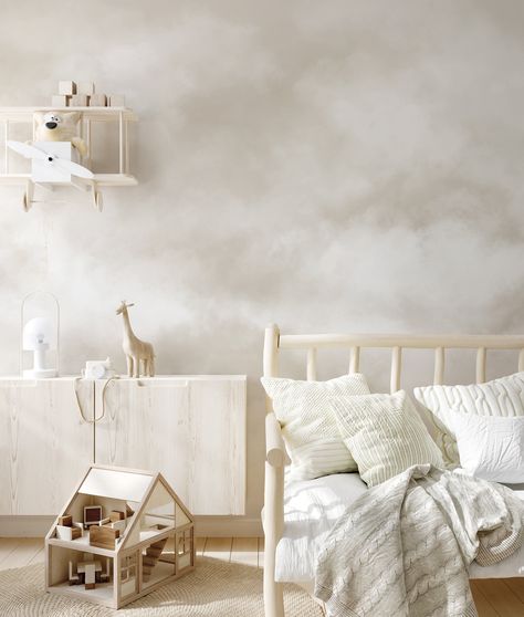 Tall Ceiling Nursery, Cloud Wall Nursery, Cloud Walls, Nursery Wall Murals Neutral, Limewash Nursery Wall, Lime Wash Nursery, Cloud Ceiling Wallpaper, Toddler Room Wallpaper, Painted Clouds On Walls