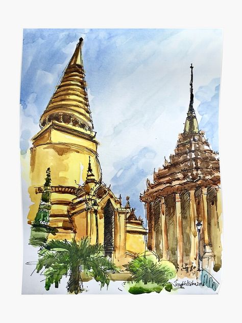 "Bangkok Buddhist Temple Thailand" Poster by TheJoeyStudio | Redbubble Thailand Watercolor, Temple Thailand, Travel Watercolor, Thailand Art, Bangkok City, Pen And Wash, Thai Art, Buddhist Temple, Find Picture