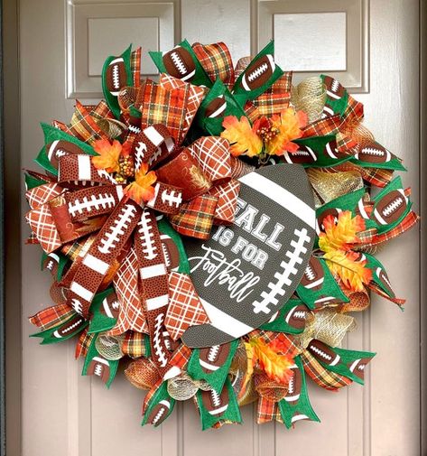 Football themed front door wreath football deco mesh wreath | Etsy Fall Football Wreaths For Front Door, Turkey Wreath Deco Mesh, Football Wreaths For Front Door Diy, Football Porch Decor, Football Wreaths For Front Door, Football Decorations Diy, Football Wreath Diy, Fall Football Wreath, Sport Wreaths