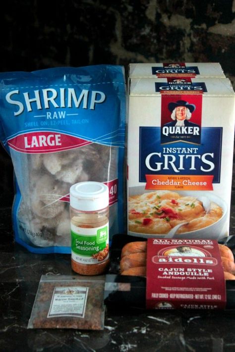 YAY! I've got all of that already! I could make this tonight! Shrimp And Grits Dressing Recipe, Best Shrimp And Grits Recipe, Easy Shrimp And Grits, Grits Recipes, Southern Shrimp And Grits, Shrimp Grits Recipe, Andouille Sausage Recipes, Instant Grits, Shrimp N Grits Recipe