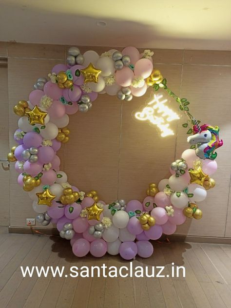 Unicorn Theme Balloon Decoration, Baloon Ring Decorations, Theme Balloon Decoration, Ring Backdrop, Balloon Ring, Unicorn Birthday Decorations, Ring Decoration, Simple Birthday Decorations, Baby's First Birthday