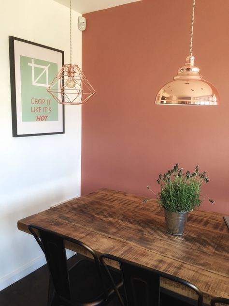 'Crop it like it's hot' print. Dulux 'Copper Blush' wall. Dunelm Mill Copper Pendants. Blush Walls, Bathroom Paint Colors, Kitchen Paint Colors, Trendy Living Rooms, Room Paint Colors, Wallpaper Accent Wall, Bedroom Paint Colors, Brown Living Room, Kitchen Paint