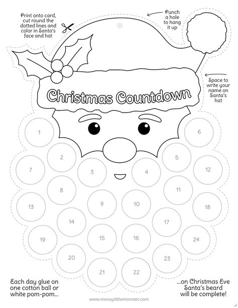 Santa's Beard Christmas Countdown Printable Christmas Countdown Santa Beard, Santa Advent Calendar Printable, Santa Countdown Beard, Santa Countdown Printable, Santa Beard Countdown Free Printable, Christmas Countdown Printable Free, Free Christmas Countdown Printable, Santa Countdown Craft, Christmas Countdown Coloring Pages