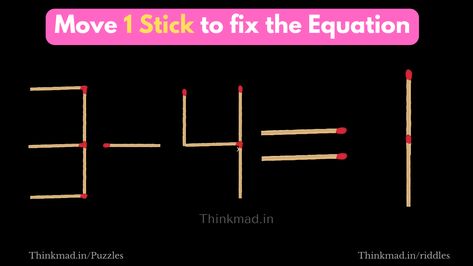 Match Stick Puzzle | Brain Test Move only 1 stick to make equation correct | Matchstick Puzzle #matchstic #puzzles #matchstick #matches puzzle tricks Stick Puzzle, Brain Test, Match Stick, Brain Teasers, Only 1, Riddles, Fix It, Brain