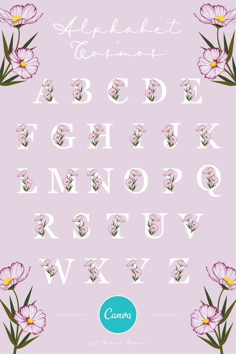 Alphabet Initials with Cosmos Flowers, Floral Monograms, Canva elements Canva Flower Elements, Canva Alphabet, Canva Learning, Free Monogram Fonts, Alphabet Frames, Canva Frames, Alphabet Font, Free Monogram, Cosmos Flowers