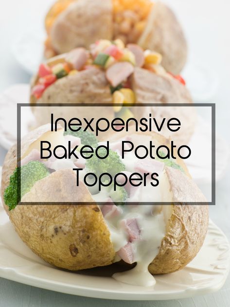 The humble baked potato is a great way to stretch your grocery budget.  Try these inexpensive baked potato toppers in your regular meal planning rotation. Potato Toppers, Baked Potato Fillings, Chili Baked Potato, Potatoes Stuffed, Inexpensive Dinners, Frugal Recipes, Pantry Ingredients, Potato Toppings, Inexpensive Meals