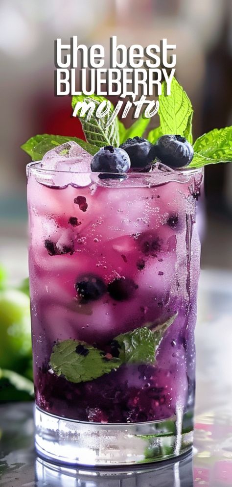 Blueberry Mojito [10 Minutes] – Chasety Blueberry Mint Mojito, Blueberry Mojito Recipe, Blueberry Drinks, Blueberry Cocktail, Mojito Bar, Coconut Mojito, Blueberry Mojito, Mojito Mocktail, Blueberry Mint