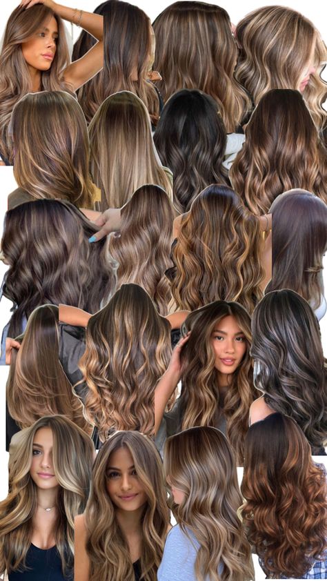 Brown wavy, scattered highlights, inspiration, layers, face framing highlights Scattered Highlights, Highlights Inspiration, Face Framing Highlights, Layers Face Framing, Framing Highlights, Hairstyle Examples, Black Hair Balayage, Brunette Hair With Highlights, Hair With Highlights