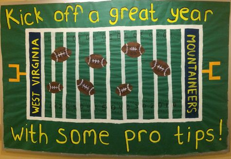 Ra Dorm Bulletin Boards, Football Bulletin Board Ideas, Football Bulletin Boards, Ra Board Ideas, Super Bowl Ideas, College Bulletin Boards, Sports Theme Classroom, Art Room Posters, Goals Football