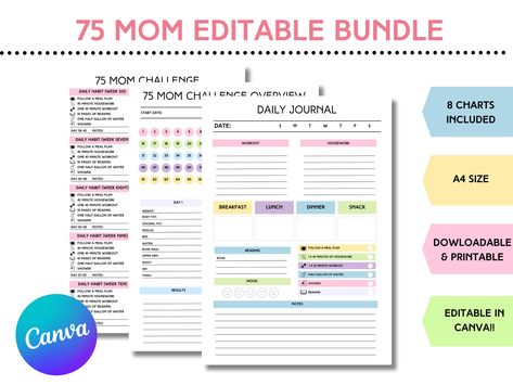 Can't do 75 hard? or 75 soft? Try this all new summer 2023 tiktok trend, 75 Mom!  Introducing our 75-Day editable MOM Challenge Printable Bundle, a comprehensive and empowering tool designed to help you stay organized and motivated on your personal journey. This A4-sized bundle, available for purchase on Etsy, consists of eight beautifully crafted pages that will revolutionize your approach to self-improvement. With our meal tracker, you can easily plan and monitor your daily nutrition, making healthier choices effortlessly. Whether you're following a specific diet or simply aiming for a balanced lifestyle, this tracker will keep you accountable and motivated to achieve your dietary goals. Our reading tracker is perfect for book lovers and avid learners. Set reading goals, track your progr Journal Format, School Spirit Week, Mom Challenge, Meal Tracker, 75 Soft, Daily Nutrition, 75 Hard, Challenge Tracker, Daily Progress