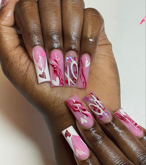 Valentine Day Toe Nail Designs, Valentines Day Inspired Nails, Medium Length Nails Valentines, Valentines Nail Set With Initial, Dope Nail Designs Valentines Day, Valentines Freestyle Nails, Medium Length Nails Acrylic Coffin Valentines, Valentine’s Day Acrylic Nail Designs, Valentines Press On Nails