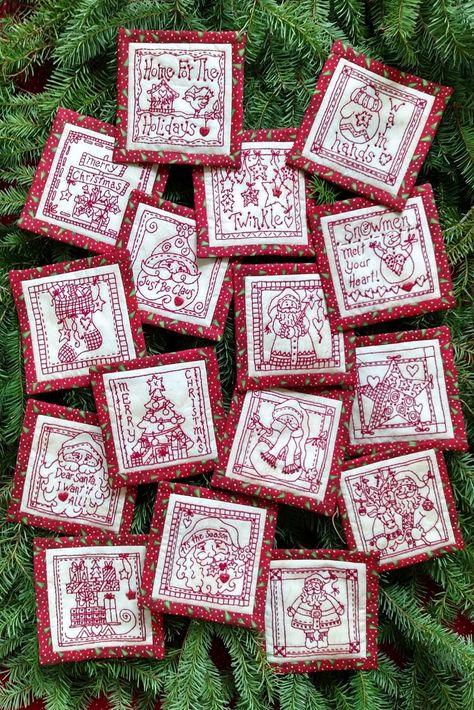 16 Red and White Christmas Ornaments for Embroidery Bird Brain Designs, Embroidery Christmas Ornaments, Kathy Schmitz, Christmas Needlework, Whitework Embroidery, Machine Embroidery Christmas, Redwork Patterns, Machine Embroidery Redwork, Embroidery Ornaments