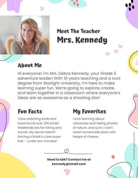 Free Fun Meet the Teacher Template – SmashingDocs.com Meet Your Teacher Template, Meet Your Teacher, Classroom Communication, Family Tree For Kids, Certificate Maker, Meet The Teacher Template, Education Certificate, Teacher Templates, Introduce Yourself