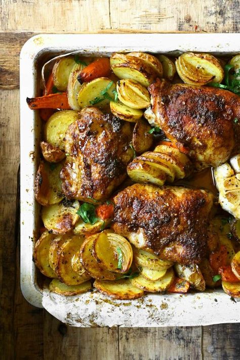 Lebanese Baked Chicken with Potatoes Greek Chicken And Potatoes Baked, Lebanese Baked Chicken, Arabic Chicken Recipes, Lebanese Chicken, Chicken Potato Bake, Chicken Tray Bake, Vacation Food, Chicken Potatoes, Lebanese Recipes