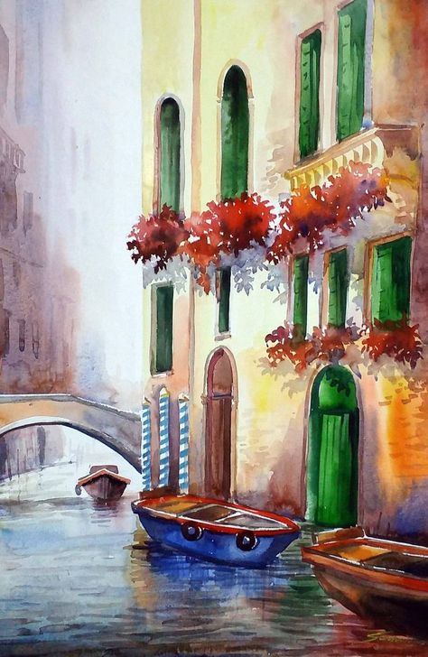 Original Art Watercolor Painting, measuring: 38.1W x 55.88H x 2.54D cm, by: Samiran Sarkar (India). Styles: Realism. Subject: Landscape. Keywords: Architecture, Venice, Boat, Buildings, Venice Canals, Canals, Flowers, Morning. This Watercolor Painting is one of a kind and once sold will no longer be available to purchase. Buy art at Saatchi Art. Venice Buildings, Boat Architecture, Venice Painting, Venice Canals, Watercolor Sunset, Art Watercolor Painting, Watercolour Inspiration, Realism Painting, Building Art