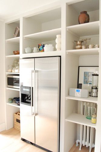 Kitchen Open Shelves, Kitchen Wall Shelves, Open Kitchen Shelves, Shelving Design, Kitchen Refrigerator, Trendy Kitchen, Kitchen Redo, Open Kitchen, Kitchen Shelves