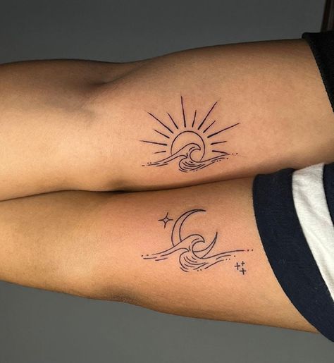 Small Sun And Moon Tattoo, Wave Tattoo Design, Twin Tattoos, Moon Sun Tattoo, Artsy Tattoos, Sun And Moon Tattoo, Moon Tattoo Designs, Small Pretty Tattoos, Beach Tattoo