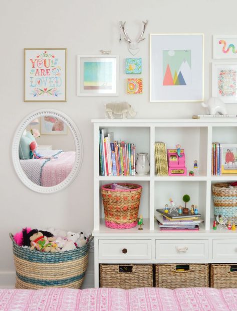 Neutral Colorful Living Room, Mirror For Kids Room, Kids Book Storage Ideas, Mirror Kids Room, Bedroom Bookcase, Kids Bedroom Organization, Girls Bedroom Makeover, Big Girl Bedrooms, Young House