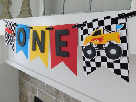 1st Birthday Monster Truck Theme, Monster Truck First Birthday, Monster Truck Birthday Banner, Rock And Roll Birthday Party, Highchair Garland, Monster Jam Birthday Party, 1st Birthday Boy Themes, Safari Party Decorations, Monster Jam Birthday