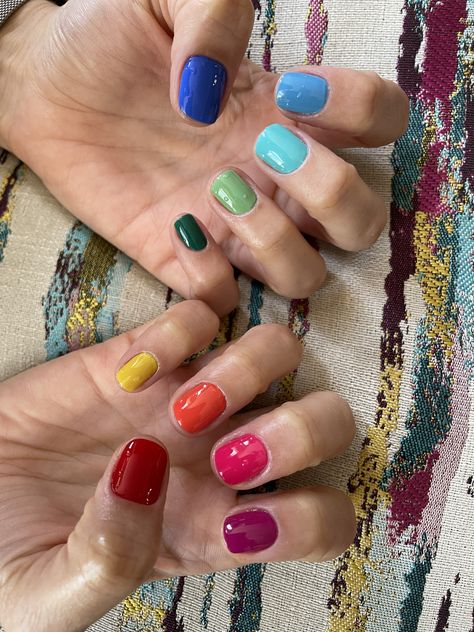 Blue And Orange Short Nails, Multicolor Gel Nails, Fall Skittle Manicure, Low Maintenance Nail Design, Colourful Nails Short, Short Nails Solid Color, Short Multicolor Nails, Hippie Nail Ideas, Short Colorful Nails