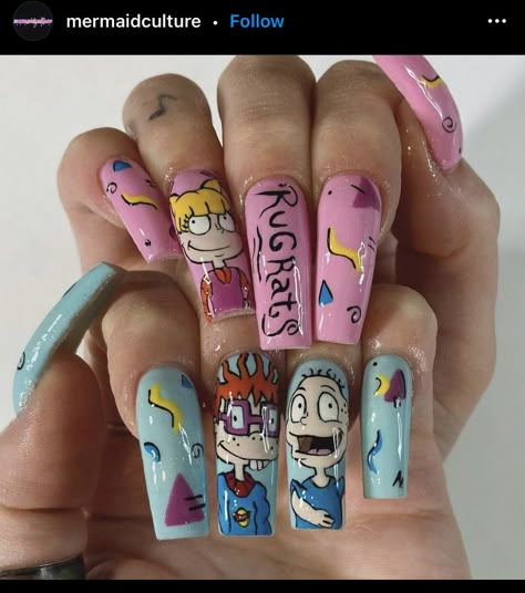 Rugrats Nail Designs, Cartoon Nails Design, Rugrats Nail Art, Rugrats Nails, Cartoon Nails Acrylic, 90s Cartoon Nails Acrylic, Hand Drawn Nail Art, Character Nail Art, Bright Acrylic Nails