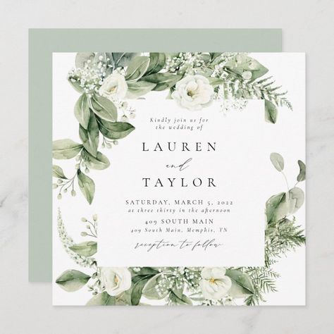 Wedding Invitations Flower, Wedding Invitation Green, Square Wedding Invitations, Green Invitations, Digital Invitations Wedding, Flowers And Greenery, Sage Wedding, Botanical Wedding Invitations, White Wedding Invitations