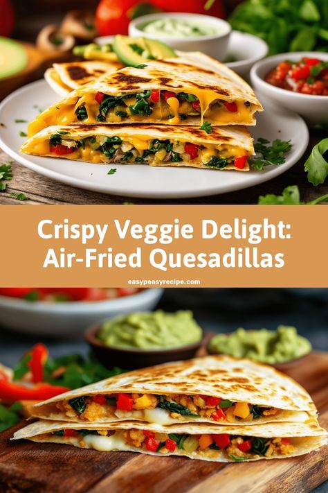 Two plates of golden-brown air fryer veggie quesadillas filled with colorful vegetables and melted cheese, garnished with fresh avocado, salsa, and guacamole. Air Fry Quesadilla, Veggie Air Fryer Recipes, Air Fried Quesadilla, Easy Air Fryer Quesadilla, Quesadilla In Air Fryer, Reheat Quesadilla Air Fryer, Yogurt Bark Recipe, Chili Mac Recipe, Easy Zucchini Recipes