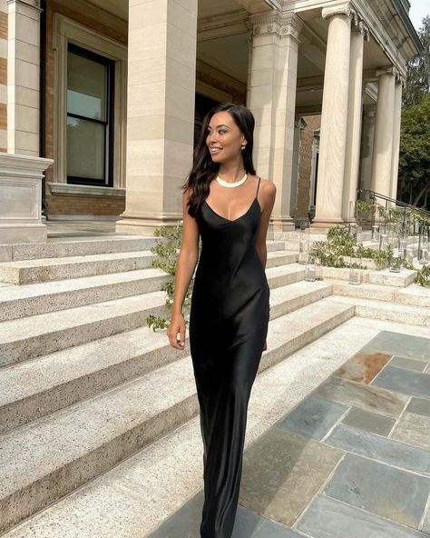 Black Wedding Guest, Kat Jamieson, Black Wedding Guest Dresses, Ysl Clutch, Party Outfits Night, Formal Wedding Guests, Gold Collar Necklace, Stuart Weitzman Heels, Black Slip Dress