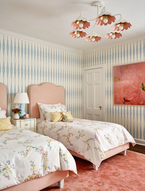 Caitlin Wilson Bedroom, Eloise At The Plaza Bedroom, Bedroom Ideas With Two Beds, Traditional Girls Bedroom, Blue And Pink Decor, Playful Minimalism, Playful Bedroom, Kids Shared Bedroom, Big Girl Bedrooms