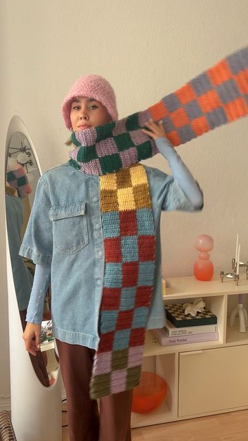 Crochet Fun Scarf, Crochet Scarf Checkered, Colorful Crochet Scarf, Checkered Scarf Crochet, Gen Z Crochet, Crochet Sweater Patchwork, First Crochet Project For Beginners, Christmas Crochet Scarf, Checked Crochet