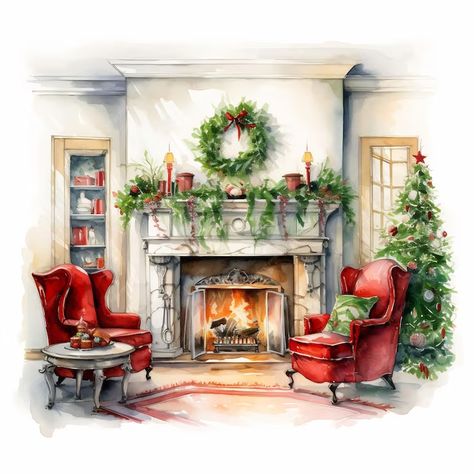 Premium AI Image | a watercolor painting of a fireplace with a christmas wreath on the mantle Fireplace Drawing, Xmas Drawing, Watercolour Cards, Paint Fireplace, The Mantle, Christmas Coloring Books, Christmas Mantle, Christmas Fireplace, Watercolor Images