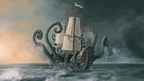 ArtStation - PBS Digital - Monstrum Episode 5 "Kraken attacks ship", Samuel Allan Kraken Monster, Cthulhu Tattoo, The Kraken, Ghost Ship, Ship Drawing, Davy Jones, Dungeons And Dragons Characters, York London, Sea Monsters