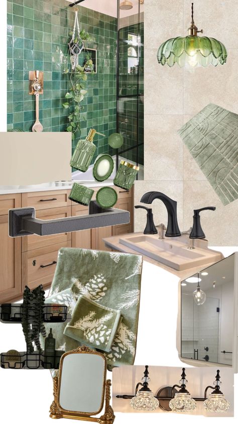 Green Tile Bathroom Mood Board, Bathroom Collage, Collage Examples, Interior Collage, Bathroom Moodboard, Bathroom Mood Board, Material Collage, Green Tile Bathroom, Color Pallete