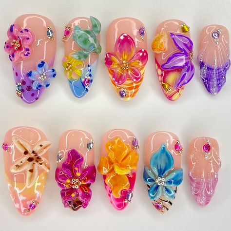 Nail thailand🇹🇭 | New design 😛🌸 omg i’m obsessed! DM press on nail . . . . . #nailsnailsnails #nailsofinstagram #nails3d #nailstagram | Instagram Spring Fake Nails, Fairycore Nails, Flower Press On Nails, Press On Nails Almond, Flower Press, Nail Prices, Romantic Nails, Nails Almond, Vibrant Flowers