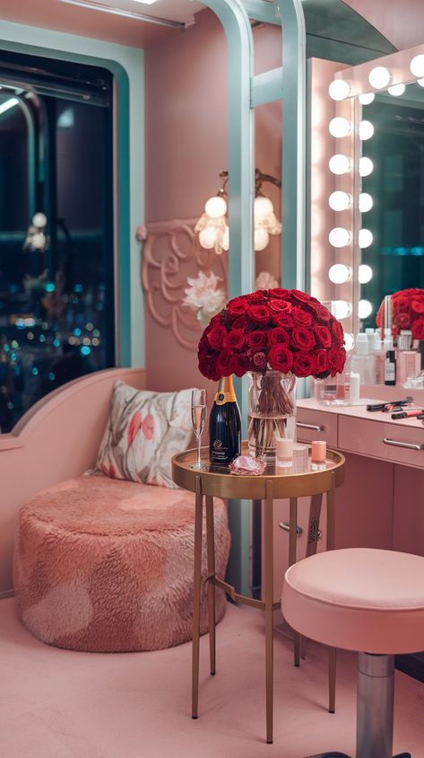 This enchanting beauty room is the ideal setting for bridal makeup magic. Featuring a stylish makeup station surrounded by blooming roses and a bottle of champagne, it's a perfect blend of romance and glamour for every bride-to-be. #wedding #bridalmakeup #homedesign #weddinginspo Bridal Makeup Room Interior, Home Makeup Studio, Bridal Suite Room, Bridal Suite Decor, Makeup Bar, Suite Room, Romantic Makeup, Bottle Of Champagne, Stylish Makeup