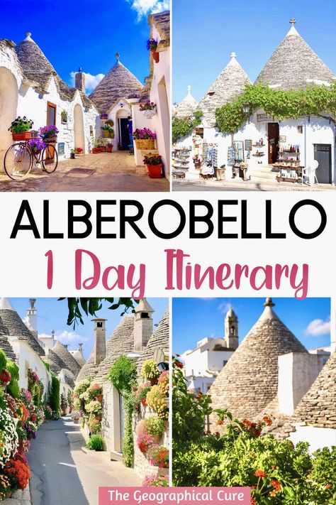 Pinterest pin for one day in Alberobello Arbelobello Italy, Alberobello Photo Ideas, Trulli Houses, Alberobello Italy, Italy Places, Matera Italy, Bari Italy, European City Breaks, Road Trip Europe