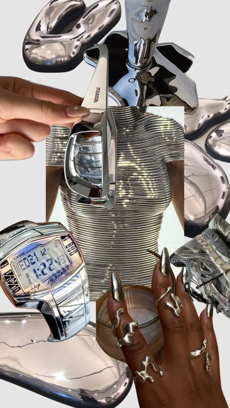 Y2k Metal Aesthetic, Silver Chrome Outfits, Chrome Fashion Aesthetic, Chrome Aesthetic Outfit, Chrome Swimsuit, Y2k Vibes Wallpaper, Chrome Aesthetic Wallpaper, Chrome Wallpaper Aesthetic, Chrome Background Aesthetic