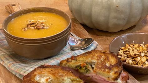 Pumpkin Soup | Rachael Ray | Recipe - Rachael Ray Show Rachel Ray Pumpkin Soup, Rachael Ray Pumpkin Soup, Pioneer Woman Pumpkin Chili, Soup In Pumpkin Shell, Pumpkin Rosemary Soup, Pumpkin Soup With Real Pumpkin, Red Clam Sauce, Creamy Pumpkin Soup Recipe, Creamy Pumpkin Soup