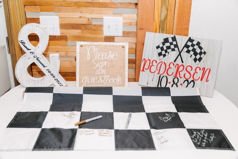 Checkered Racing Flag Wedding Guest Book Idea, Silver and Gold Sharpie Racing Wedding Theme, Checkered Flag Wedding, Checkered Wedding, Racing Wedding, Car Themed Wedding, Gold Sharpie, Small Backyard Wedding, Racing Flag, Stock Car Racing