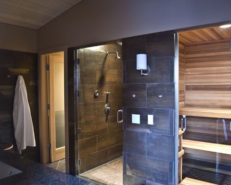 Exercise Room: sauna and steam shower Sauna Bathroom Design, Home Gym Layout, Modern Saunas, Sauna Shower, New Bathroom Designs, Sauna Steam Room, Indoor Sauna, Sauna Design, Spa Like Bathroom