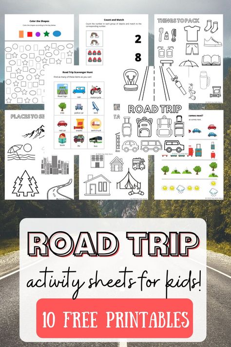 Printable free activities and activity ideas for a road trip with kids. Activity sheets for travel with kids. Great for vacations, holidays, road trips, fun in the car for preschoolers, kindergarten, toddlers. #roadtripwithkids#travelactivitiesforkids#travelwithkids#travelactivitiesforpreschoolers#travelactivitiesforkidscarrides#carrideactivities#kidscaractivities Free Road Trip Printables, Car Ride Activities, Kids Activity Sheets, Preschool Travel, Road Trip Activity Book, Preschool Activity Sheets, Road Trip Printables, Kids Travel Activities, Road Trip Activities