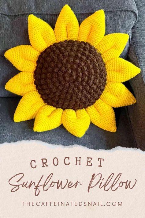 Say goodbye to summer and hello to fall with my free and easy Crochet Sunflower Pillow Pattern! This 18-inch pillow adds a bright, textured touch to any space. The bobble stitch may look tricky, but it’s simple to learn, making this a perfect project for all levels. Customize your pillow by using different yarn weights, and enjoy the sunflower’s unique texture. Click for the free pattern! #CrochetPillow #SunflowerCrochet #FallDecor #CrochetPattern Crochet Sunflower Cushion Pattern, Crochet Sunflower Pillow Pattern, Crochet Sunflower Pillow Pattern Free, Sunflower Pillow Crochet, Sunflower Pillow Pattern, Crochet Sunflower Blanket, Yarn Weights, Bobble Crochet, Sunflower Pillow