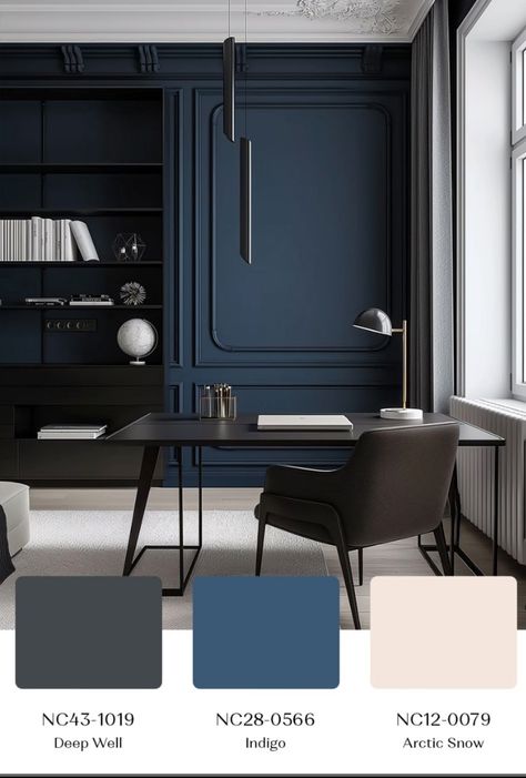 Dark Blue Walls Office, Dark Blue Office Walls, Dark Blue Study, Blue Wall Office, Living Room Dark Blue, Modern Classic Office, Dark Blue Office, Study Minimalist, Blue Home Office